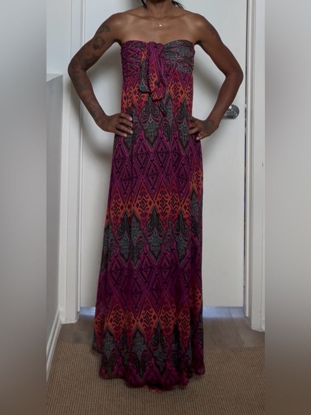Vibrant Strapless Maxi Dress in Fuchsia & Orange Paisley